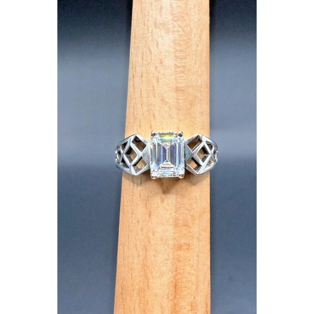 Vintage Sterling Silver CZ Ring 925 Emerald Cut Art Deco Geometric Size 7.5
